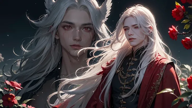 A young man with a slightly effeminate face and long white hair, bathing in blood at night by moonlight, his red eyes illuminated by the moonlight, wet clothes, red and white flowers, ruins, greenery, nature, detailed face, detailed body, detailed eyes, bl...