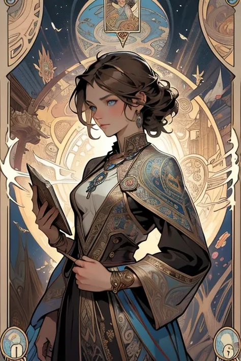 1 mid age lady, short brown hair, light blue eyes,traveler, magician coat, silver key on the necklace, floating books, (zendispute, mandala, dispute, endispute: 0.6), (fractal art style), chaos in its most beautiful form, tarot card border in the front, mu...