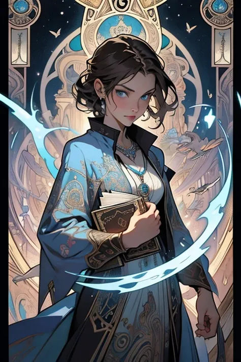 1 mid age lady, short brown hair, light blue eyes,traveler, magician coat, silver key on the necklace, floating books, (zendispute, mandala, dispute, endispute: 0.6), (fractal art style), chaos in its most beautiful form, tarot card border in the front, mu...