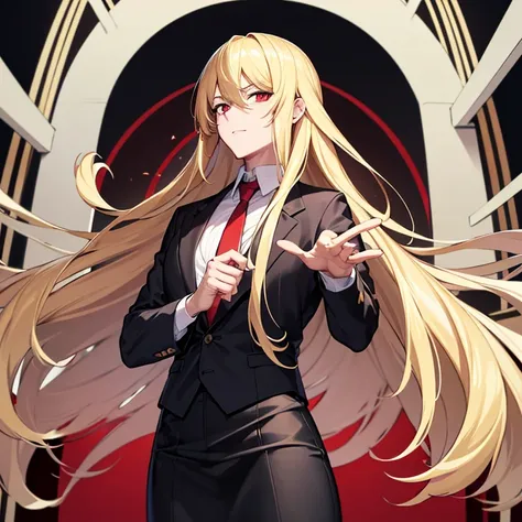 1 Man, long hair, blonde hair, red eyes, office clothes, 8k, Masterpiece, looking at viewer, ultra-sharp, Man, separate bang, bang, Cool, Guy, 5 fingers, background office, beautiful man, anime. 