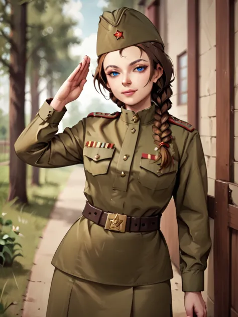 check_9, check_8_up, check_7_up, source_аниме break 1girl, one,soviet military uniform, soviet cap, belt, brown hair, braided ha...