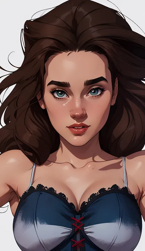 GTA character style illustration and Completely naked breasts showing a little fear Breast size Cartoon name: Isabella Cruz white background medium breasts freckled face Hermione Granger actress strong contours Physical description - long straight hair, ti...