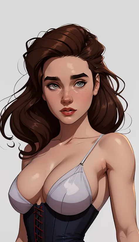 GTA character style illustration and Completely naked breasts showing a little fear Breast size Cartoon name: Isabella Cruz white background medium breasts freckled face Hermione Granger actress strong contours Physical description - long straight hair, ti...