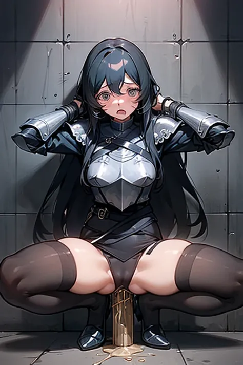 Only One Woman、Ichinose Uruha、Black Hair、Long Hair、Medium sized breasts、female knight、Wearing black armor、Wearing stockings、garter belt、Urinating in prison、Leaning forward、Spread your legs、Squat positions、Open your arms、shortness of breath、Open your mouth、...