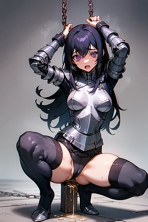 Only One Woman、Black Hair、Purple Eyes、Long Hair、Medium sized breasts、female knight、Wearing black armor、Wearing stockings、garter belt、Urinating in prison、Leaning forward、Spread your legs、Squat positions、Open your arms、shortness of breath、Open your mouth、Wat...