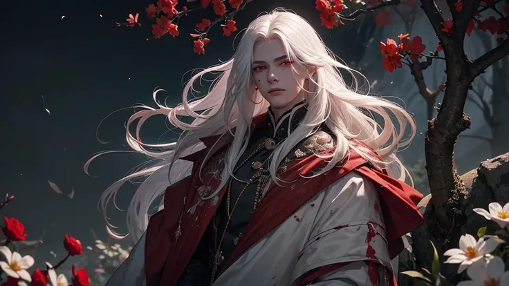 A young man with a slightly effeminate face and long white hair, bathing in blood at night by moonlight, his red eyes illuminated by the moonlight, wet clothes, red and white flowers, ruins, greenery, nature, detailed face, detailed body, detailed eyes, bl...