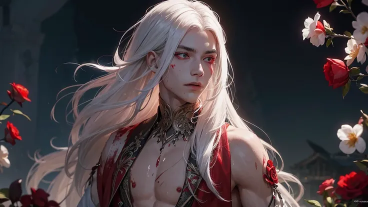 A young man with a slightly effeminate face and long white hair, bathing in blood at night in the moonlight, his red eyes illuminated by the moonlight, NO CLOTHING, red and white flowers, ruins, greenery, nature, a detailed face, a detailed body, detailed ...