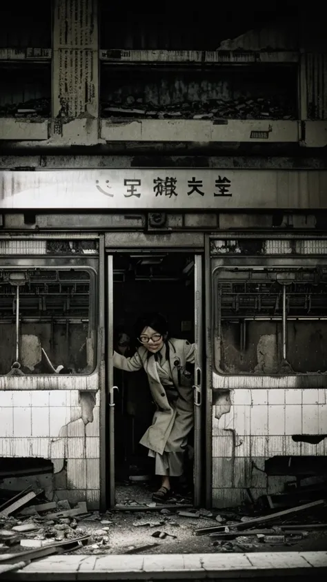 subway,Showa,Collapse,Devastation,Inside the ruins,Glasses,Women,adventure,Black and White,