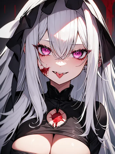 Silver Hair、Sharp Eye、Pink Eyes、vampire、Ruthless smile、Licking bloody fingers、Sticking out tongue、Blood on the face、Lots of blood、black gothic dress、Large Breasts、darkness、Aggressive、insanity、Murderous Intent、cool、Ahegao