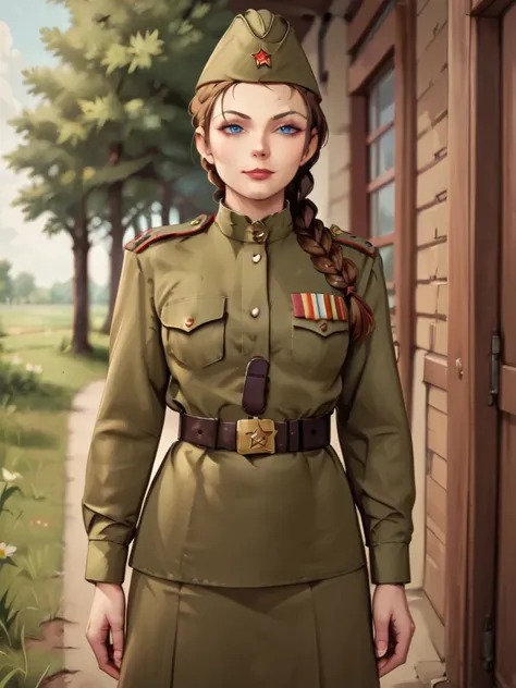 check_9, check_8_up, check_7_up, source_аниме break 1girl, one,soviet military uniform, soviet cap, belt, brown hair, braided ha...