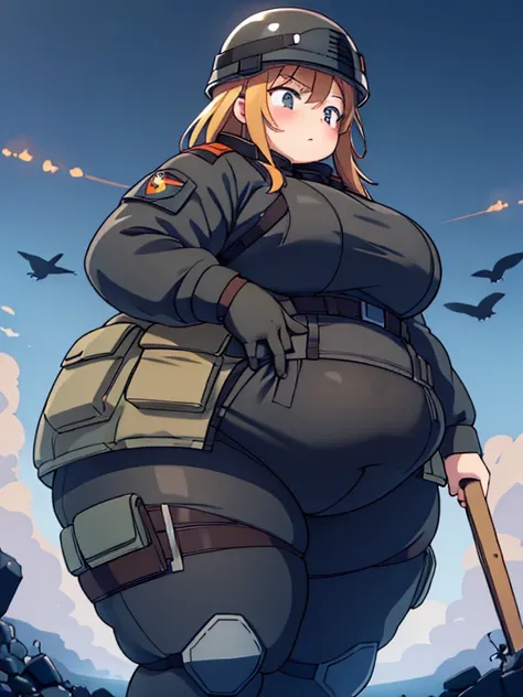 Massively obese orange tactical soldier girl, fat rolls, short brown hair, (obese belly):1.4, (obese thighs):1.4, bbw, wide hips, laying down, huge ass, ussbbw, (soldier helmet):1.2 extremely chubby,  BREAK battlefield, trenches, wood dark, foggy, smoke, b...