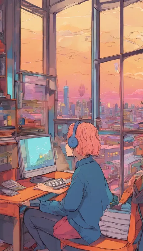 (lofi), (1boy), femboy studying hard at desk, sitting, profile, wearing a cropped black sweater, high waisted blue jeans, very big butt, slim waist, hourglass figure, blondish brown short hair, Put on the headphones, Night light, Neon landscape of rainy da...