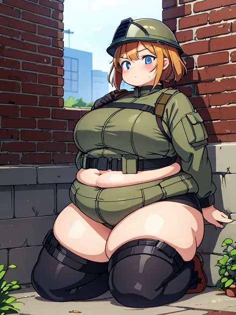 Massively obese orange tactical soldier girl, fat rolls, short brown hair, (obese belly):1.4, (obese thighs):1.4, bbw, wide hips, crawling, laying down, huge ass, ussbbw, (soldier helmet):1.2 extremely chubby,  BREAK battlefield, trenches, wood dark, foggy...