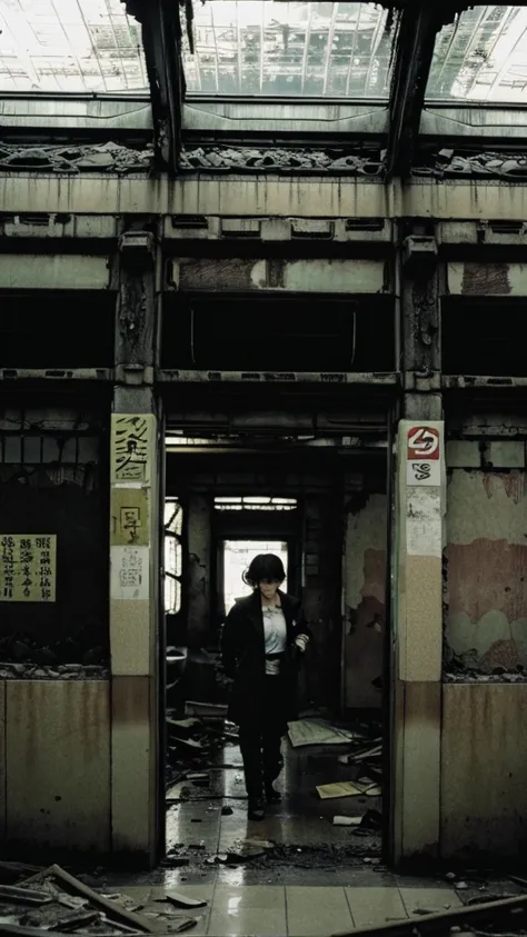 subway,Showa,Collapse,Devastation,Inside the ruins,Glasses,Women,adventure,Black and White,