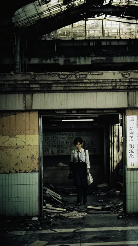 subway,Showa,Collapse,Devastation,Inside the ruins,Glasses,Women,adventure,Black and White,