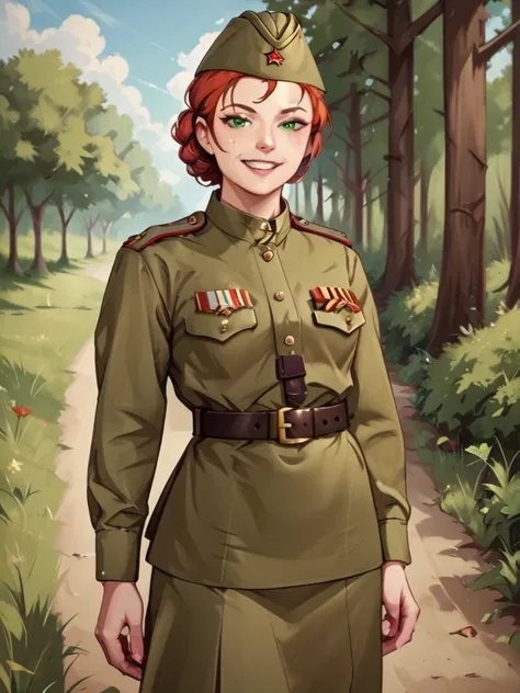 check_9, check_8_up, check_7_up, source_аниме break 1girl, one,soviet military uniform, soviet cap, belt, red hair, hair down, l...