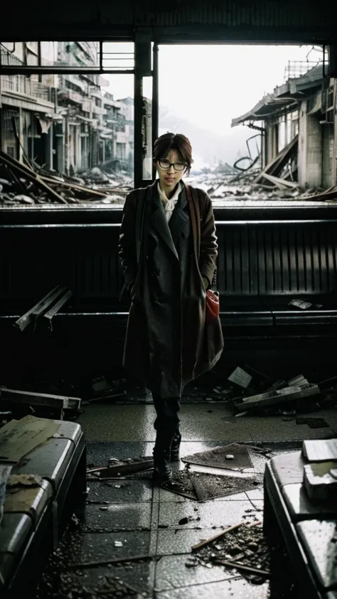 subway,Showa,Collapse,Devastation,Inside the ruins,Glasses,Women,adventure,Black and White,