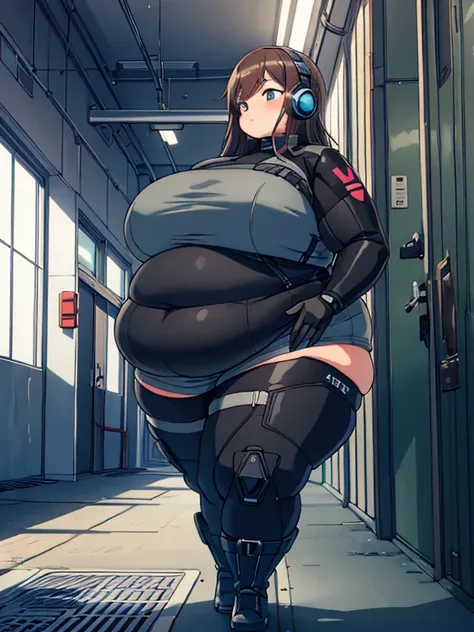 Massively obese tactical spy soldier girl, fat rolls, short brown hair, (obese belly):1.4, (obese thighs):1.4, bbw, wide hips, tall black boots, flustered, stuck, bodysuit, large ass, headset, ussbbw, (stuckage):1.2 extremely chubby,  BREAK metal walls, fa...