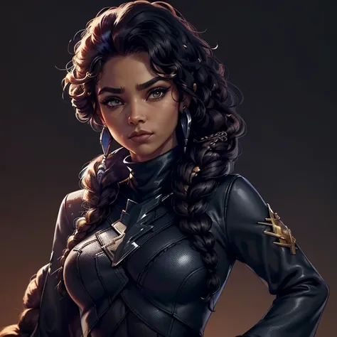 ((Black free fire game style female character)), ((arafed woman))((African-American Asian)), ((With black curly hair tied up with some loose strands)), ((And a black long-sleeved blouse purchased turtleneck written Girl)),((She is facing the camera looking...