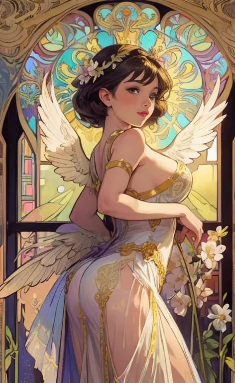 Stained glass, beautiful vintage pinup woman,open angel wings,alphonse mucha style,Intricate flowery background