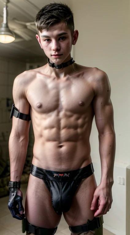 Detailed photo focusing on sensual gay male beauty, very cute very skinny gay horny 18yo military twinks showing off military (cyberpunk cybernetic prosthetics forearms), ((cute military teenboys shirtless)), wearing an army thong with short trimmed pubic ...