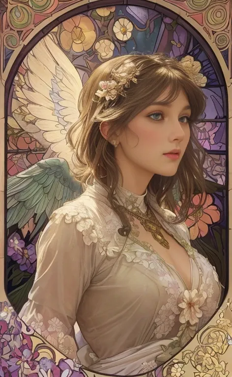 (best quality:1.2,vetorial art:1.1,vivid colors,Stained glass,beautiful vintage woman,determined face expression,(big open angel wings:1.1),alphonse mucha style,Intricate flowery background,vivid colors,warm tone,soft lighting)