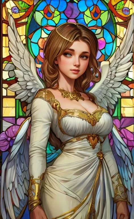 (best quality:1.2,vetorial art:1.1,Stained glass,beautiful vintage angel woman with big open wings:1.1),determined face expression,corpo de frente para o observador,alphonse mucha style,Intricate flowery background,vivid colors,soft lighting)