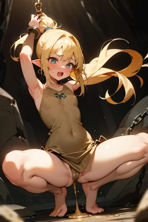 Only One Woman、Blonde、Sharp, pointed ears、Long Hair、ponytail、Small size breasts、Flat Chest、Visible nippleini tank top dress、Wearing a dirty light brown dress、barefoot、Urinating in a cave、Spread your legs、Squat positions、Embarrassing、Open your mouth、Blushed...