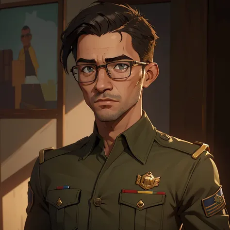 (estilo hq, melhor qualidade) Um jovem de 27 anos, de cabelos castanhos e ondulados, olhos castanhos, nariz chato, corpo magro, wearing nerd-style glasses and an American-style military uniform ((retrato))