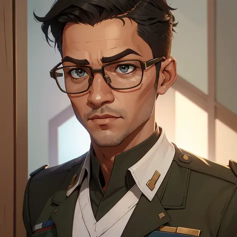 (estilo hq, melhor qualidade) Um jovem de 27 anos, de cabelos castanhos e ondulados, olhos castanhos, nariz chato, corpo magro, wearing nerd-style glasses and an American-style military uniform ((retrato))