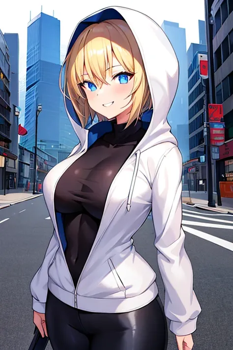 1girl, blonde hair, blue eyes, very short hair, hood up, hoodie, jacket, white jacket, hooded jacket, glowing eyes, black pants, black shirt, ((black shirt)), shirt, smile, tall, tall female, large breasts, toned, toned female, street, city, thick thighs, ...