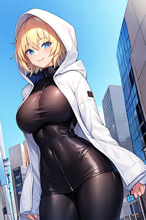 1girl, blonde hair, blue eyes, very short hair, hood up, jacket, white jacket, hooded jacket, black pants, black shirt, ((black shirt)), shirt, smile, tall, tall female, large breasts, toned, toned female, street, city, thick thighs, open jacket, breasts