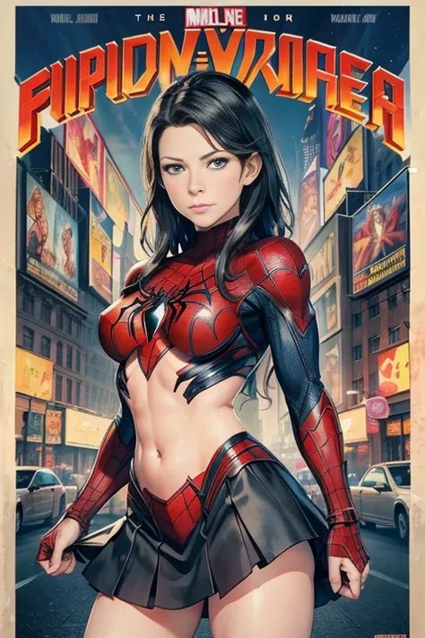 Evangeline Lilly、マーベル・コミック映画のPoster, Very beautiful, Movies about Spiderman, sexy, whole body, Im wearing a skirt、Premiere date, Poster、belly buttonを突き出す、new york、She&#39;s wearing a torn Spider-Man suit,The suit is torn、Wearing a skirt、 Red and black colo...