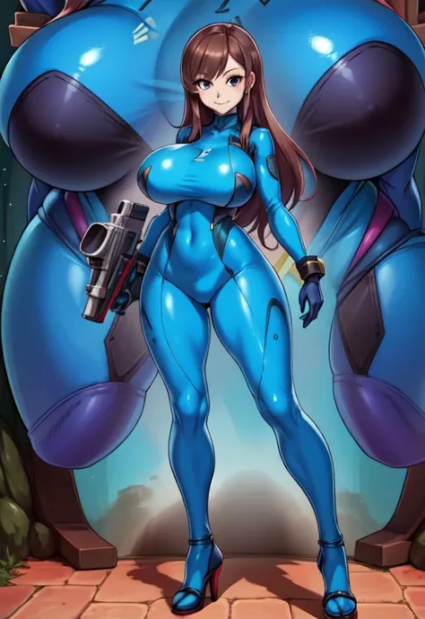 Mature female, 45 years old, Japanese woman, long hair, big breasts, zero suit, blue gloves, high heels, light smile, standing, holding a blaster, (insanely detailed, beautiful detailed face, beautiful detailed eyes, masterpiece, best quality),solo,
