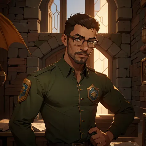 (estilo quadrinho, melhor qualidade) Um jovem de 27 anos, masculino, de cabelos castanhos e ondulados, olhos castanhos, nariz chato, corpo magrelo, wearing nerd-style glasses and an American-style military uniform, facing a dragon in a medieval castle