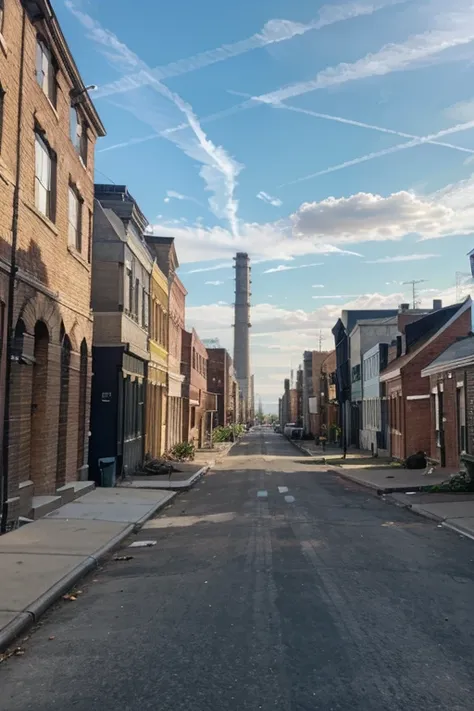 A street in New York with buildings in the background, ambiental, chemical plant, cores vivas vibrantes, high quality product image”, the city is full of houses