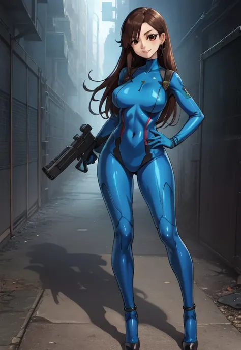 Mature female, 45 years old, Japanese woman, long hair, brown eyes, zero suit, blue gloves, high heels, light smile, standing, holding a blaster, (insanely detailed, beautiful detailed face, beautiful detailed eyes, masterpiece, best quality),solo,
