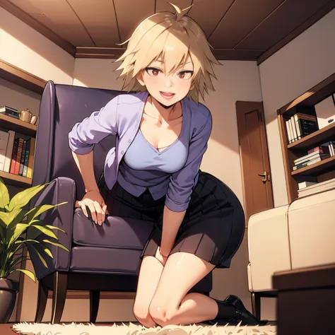 (front:1.3) face focal, looking down, looking at viewer, smile, open mouth, tongue out (leaning forward:1.2) (kneeling:1.1) from the bottom, full body, m1tsuk1, solo, red eyes, short hair, blonde hair, purple cardigan, white shirt, black skirt, indoor, ind...