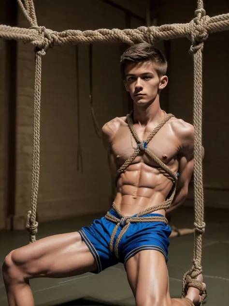 (((18 year old shirtless, very skinny twink))), fair hair, handsome face (((wearing gym shorts))) biceps flexed, kneeling, ((((Trussed up completely with rope)))), ((((very tight rope crossed over chest)))), sweating, wet skin, Afraid in a dungeon with can...