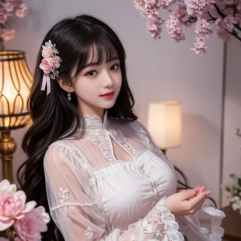 best quality, Delicate face，beautiful visual work,lifelike，1 girl, eternal, Black Hair, Long curly hair, Bangs, Smile, , decorate, Lace, Long sleeve, Puff sleeves, Wide sleeves, Transparent sleeves, Hair accessories, 在flower园里, flower, Detailed background,...