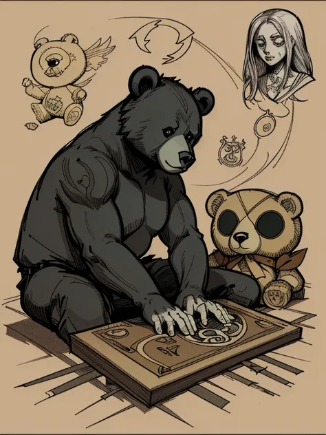 Teddy bear sitting on a Ouija board,Alphabet tattoo on stomach,Bear with a Ouija board,scribble, Manga style, rough sketch, Horror elements, (masterpiece), (High resolution), (Very delicate), (clear), Comic style illustration,
