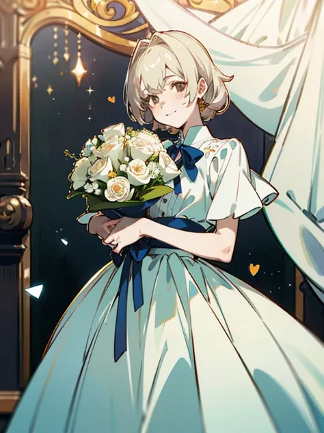 extremely detailed, anime, celebration party,bouquet,bouquet,bouquet,best quality, photorealistic:1.3 , tareme, detailed face, attractive smile, heart, highres, extremely detailed face,  pale skin, lustrous skin,  anime color palette, blouse, ribbon, skirt...