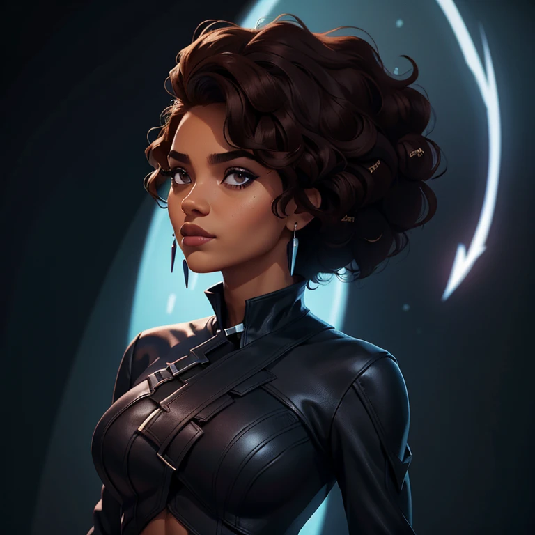 young adult black woman, with dark brown hair, short tied afro hair, and a black long-sleeved high-neck blouse written, she is f...