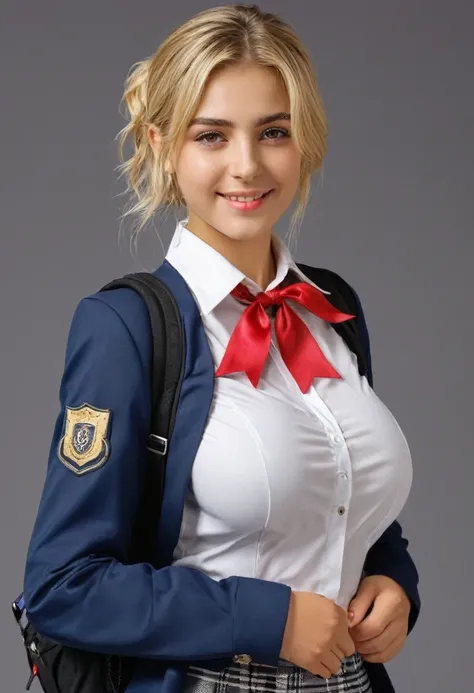 masterpiece, 20yo, 1 Greek girl, a girl, blond hair, high school student girl, short hair, school uniform, (ribbon, laced blouse and suit), back_pack, best quality, 32k, photorealistic, ultra-detailed, finely detailed, high resolution, perfect dynamic comp...