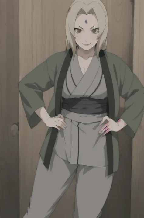 (masterpiece, highest quality:1.2), alone, one girl, tsunade defense, forehead mark, smile, view your audience, hands on hips, k...