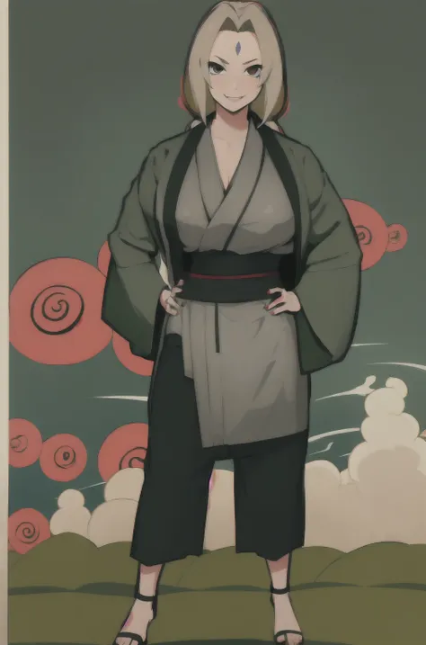 (masterpiece, highest quality:1.2), alone, one girl, tsunade def, forehead mark, smile, view your viewers, hands on hips, kimono...