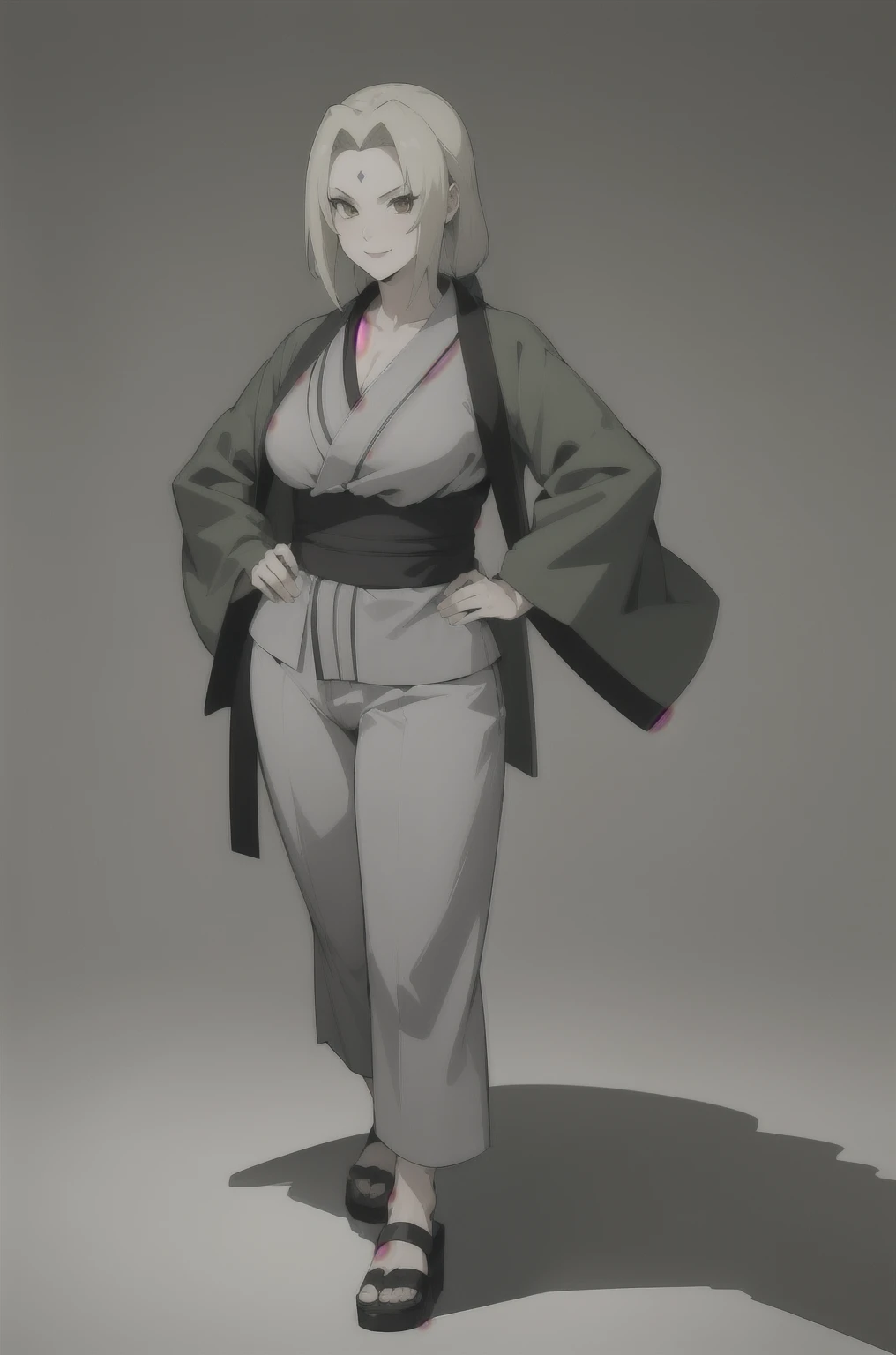 (masterpiece, highest quality:1.2), alone, One Girl, Tsunade Defense, Forehead mark, smile, View your audience, Hands on hips, kimono, Green haori, Gray kimono, sash, pants 