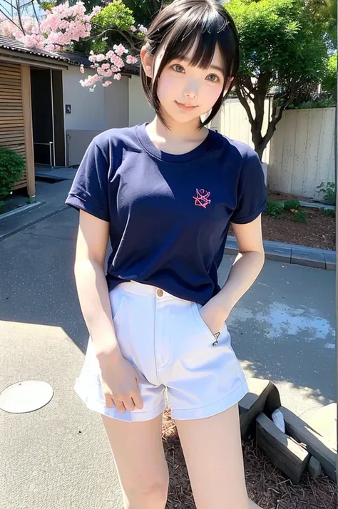 girl walking under cherry blossoms in school yard,short-sleeved white school long t-shirt with blue trim,navy blue speedo briefs...