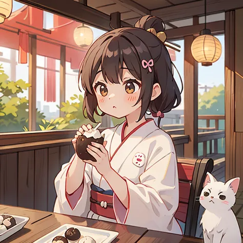 a girl in a yukata eating bean daifuku at a japanese-style cafe