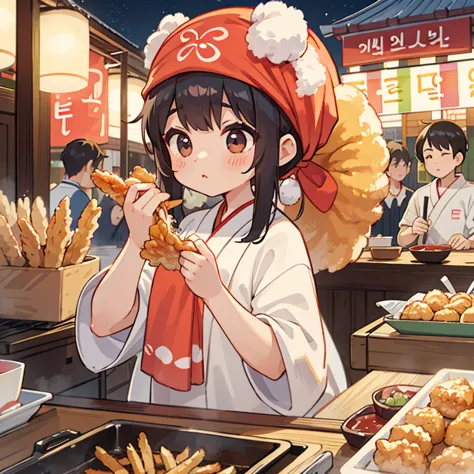 A girl with a towel wrapped around her head making a large amount of tempura at a Korean night market　highest quality